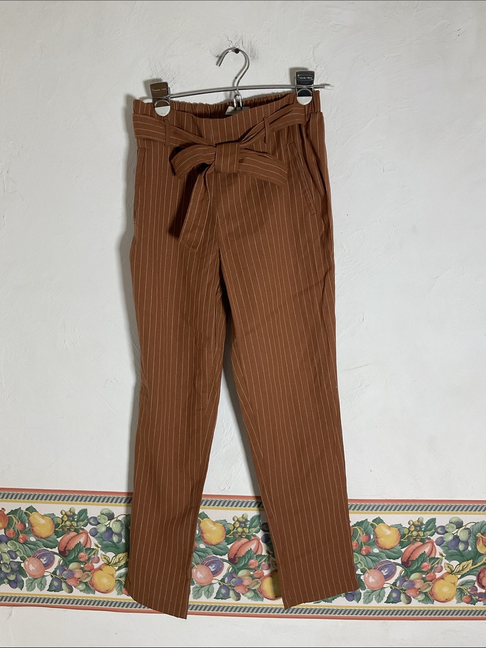 Active USA Pinstriped Paperbag Waist Pants Size S Brown NWOT
